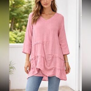 La Fixsun 100% Linen Lagenlook pink V-Neck Tunic Top Dress Oversized Made in USA